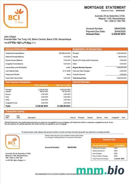 Mozambik Banco Comercial e de Investimentos wyciąg z kredytu hipotecznego szablon Word i PDF
